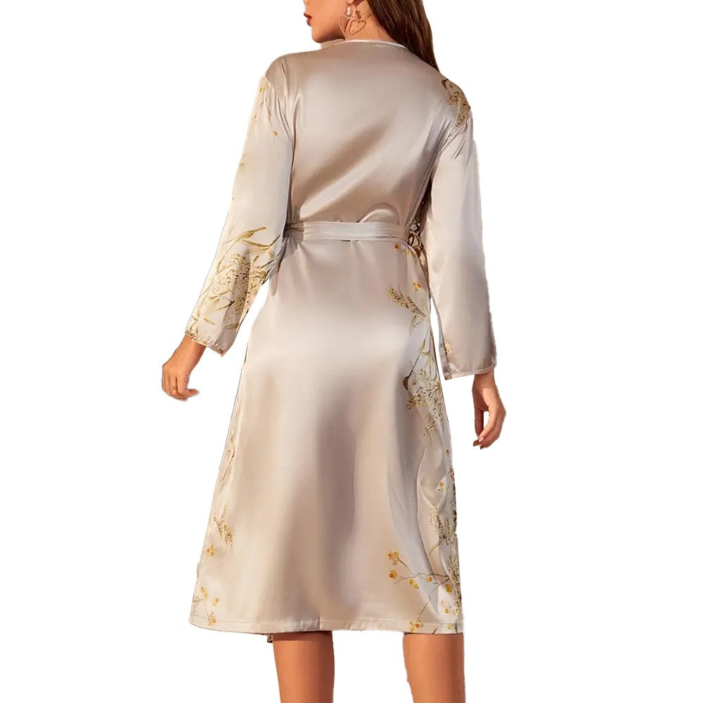 Floral Print Casual Night Robe Long Sleeve V Neck Sleep Robe - Grey