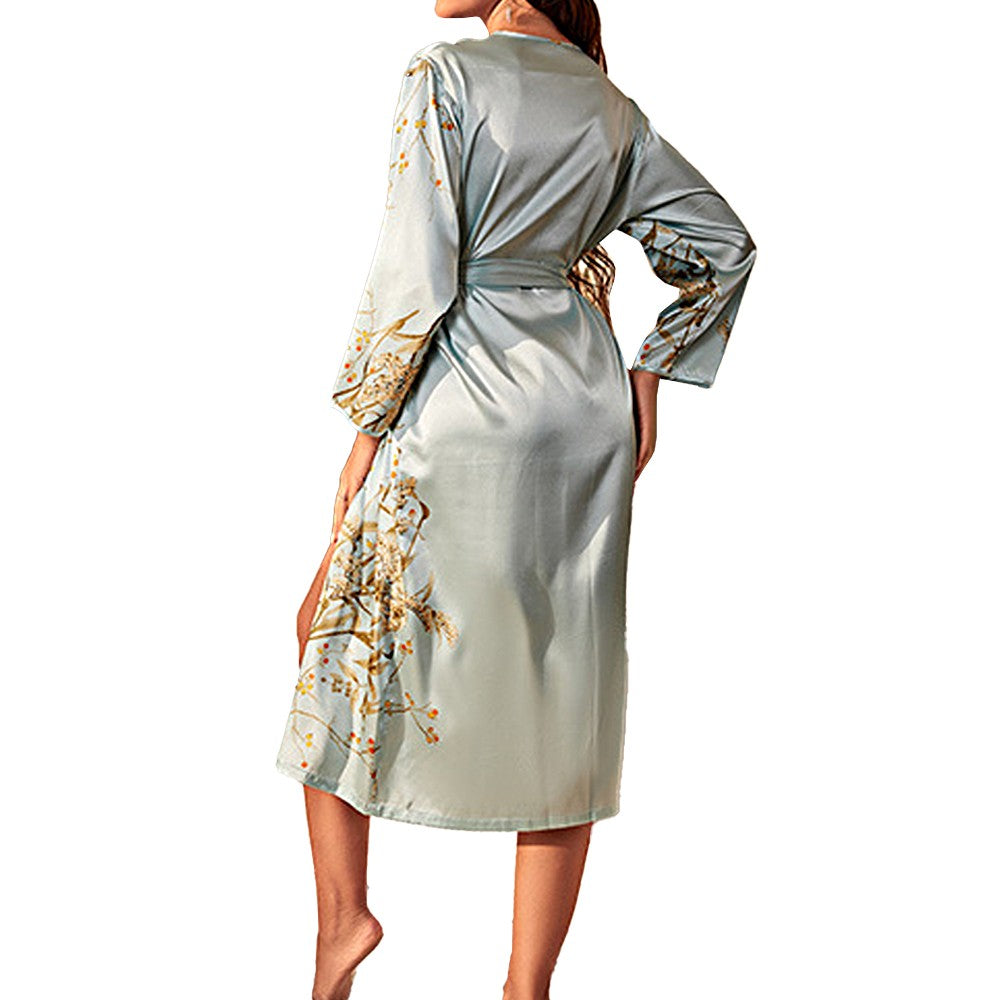 Floral Print Casual Night Robe Long Sleeve V Neck Sleep Robe - Light Green