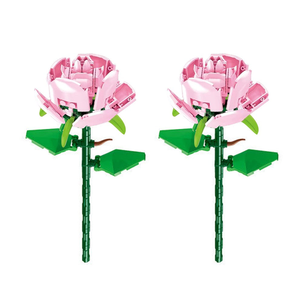 2 Sets of Flower Building Blocks Kit Home Decoration - Pink Rose Style
