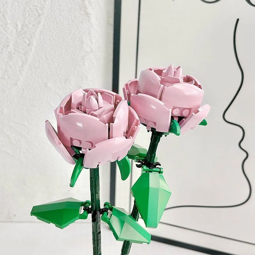 2 Sets of Flower Building Blocks Kit Home Decoration - Pink Rose Style