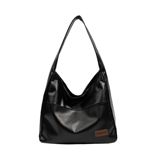 Womens Solid Color PU Leather Tote Bag Shoulder Bag Handbag Work Bag - Black