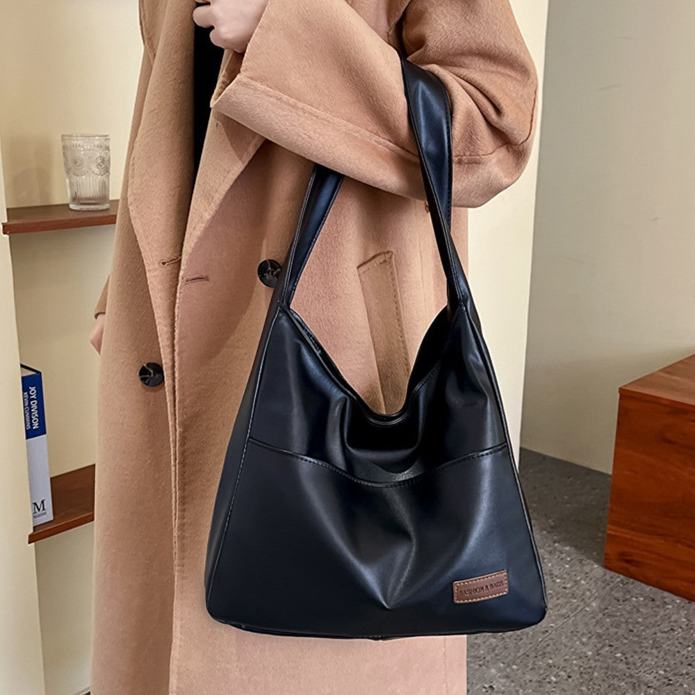 Womens Solid Color PU Leather Tote Bag Shoulder Bag Handbag Work Bag - Black