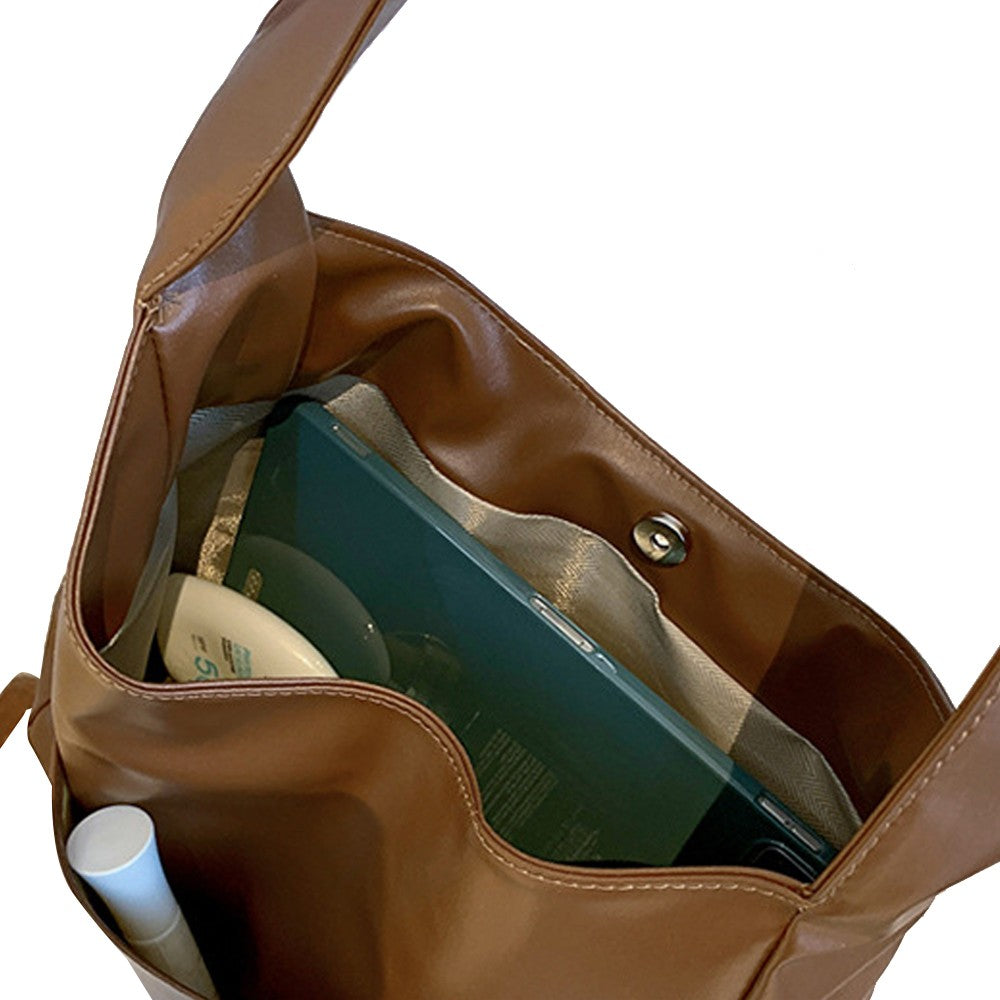 Womens Solid Color PU Leather Tote Bag Shoulder Bag Handbag Work Bag - Brown