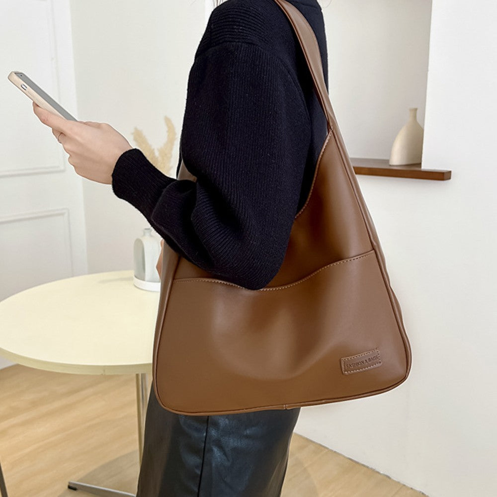 Womens Solid Color PU Leather Tote Bag Shoulder Bag Handbag Work Bag - Brown