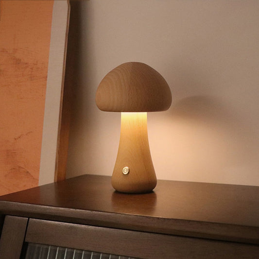 Wooden Mushroom Table Lamp Touch Dimming Night Light Rechargeable Bedside Lamp