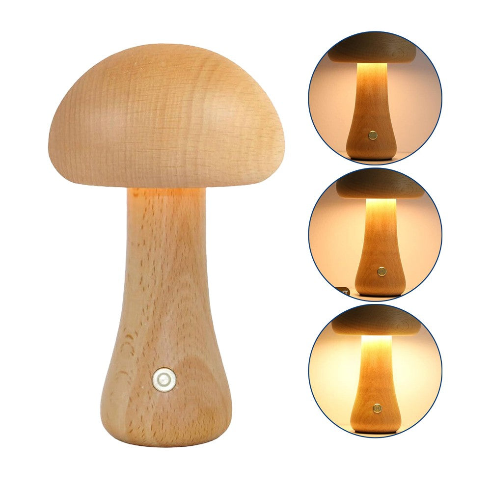 Wooden Mushroom Table Lamp Touch Dimming Night Light Rechargeable Bedside Lamp