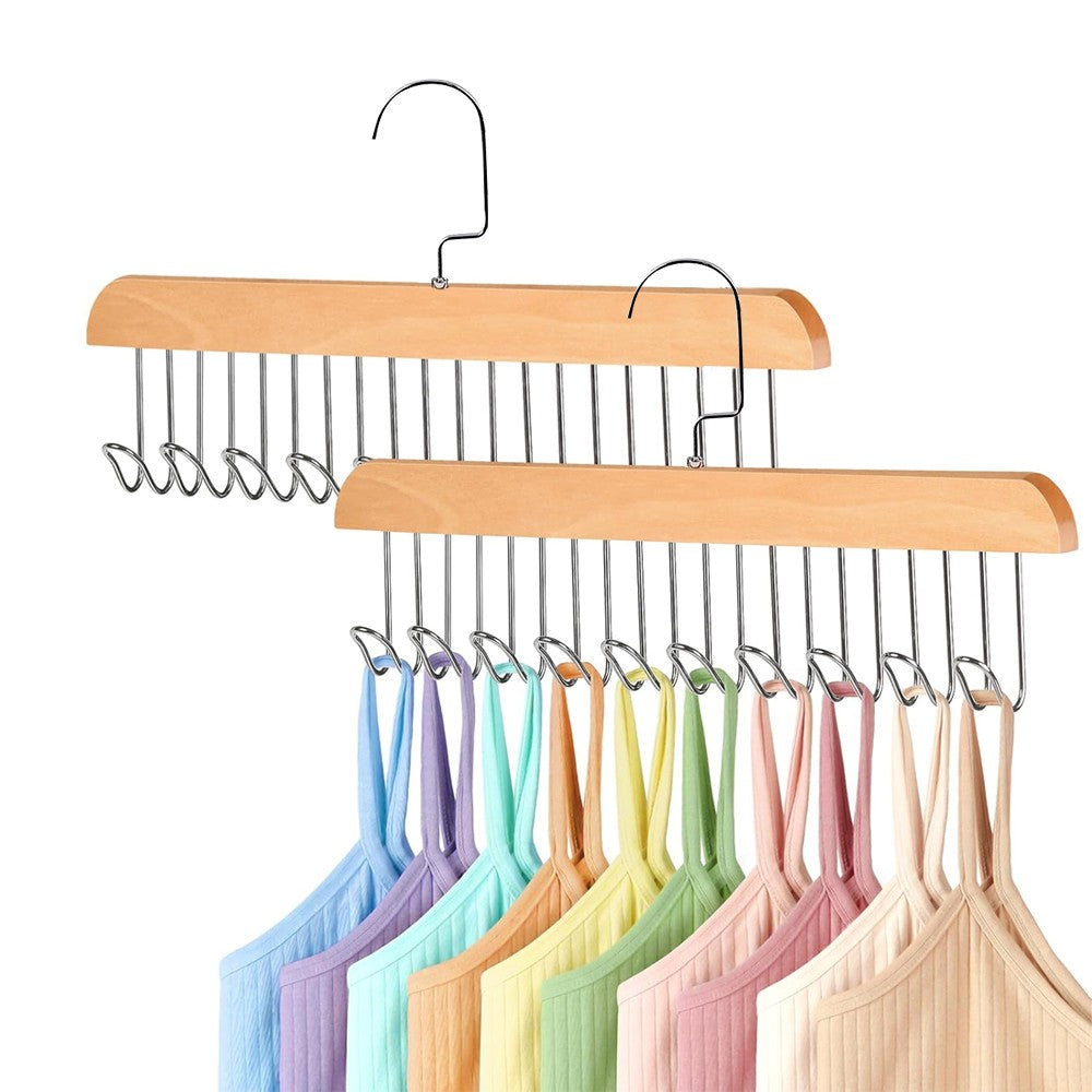 2Pcs 8-Hook Suspender Bra Hanger Tie Rack Wardrobe Organizer Hanger - Wood Color