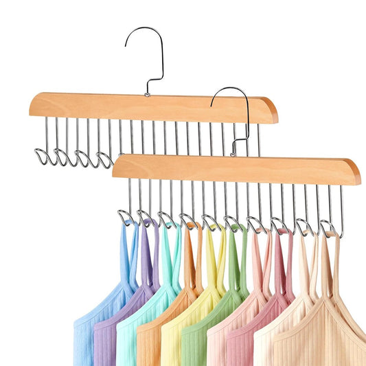 2Pcs 8-Hook Suspender Bra Hanger Tie Rack Wardrobe Organizer Hanger - Wood Color