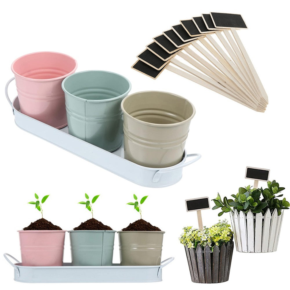 3-Piece Metal Flower Pot Set Herb Plant Planter with 10 Mini Chalkboard Stakes