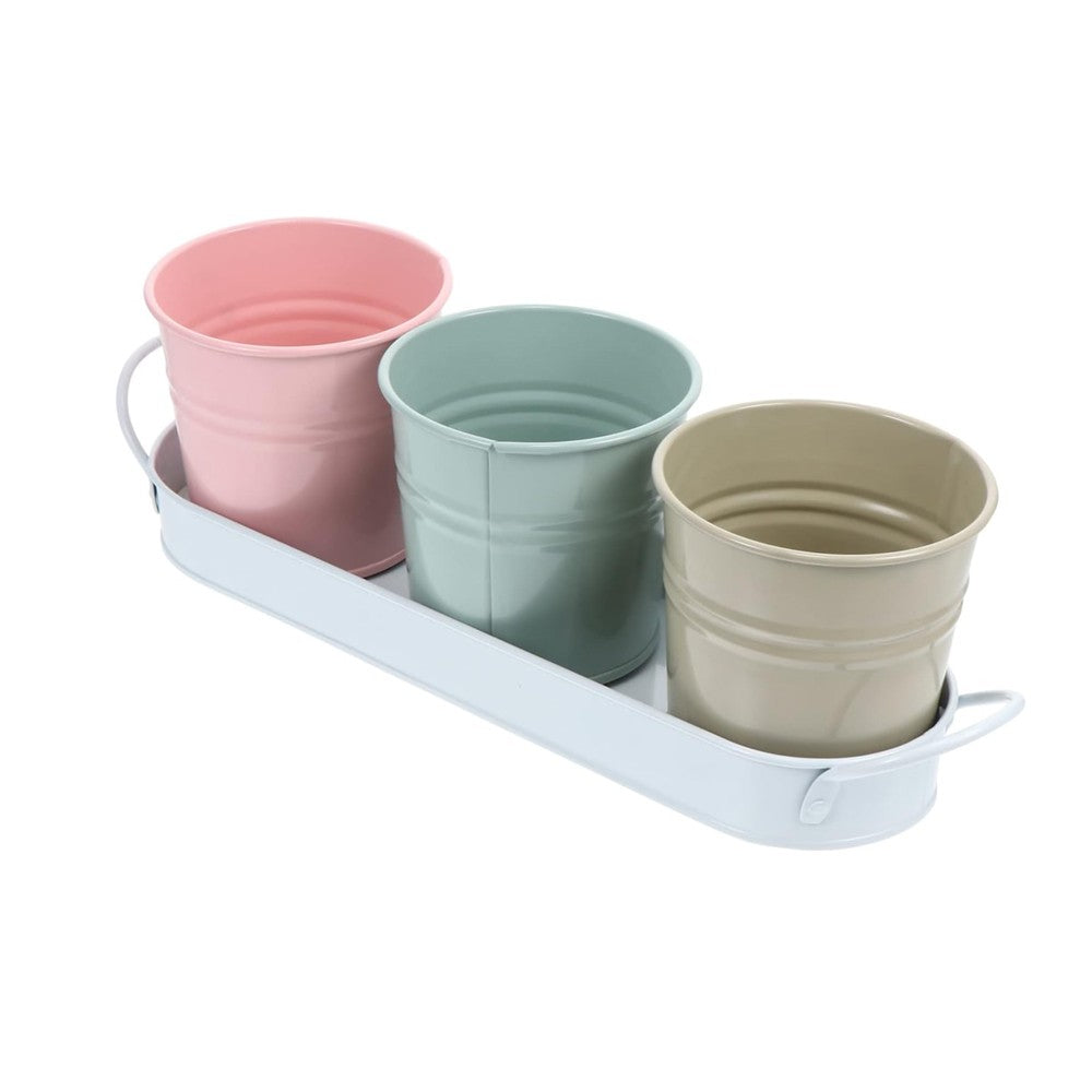 3-Piece Metal Flower Pot Set Herb Plant Planter with 10 Mini Chalkboard Stakes