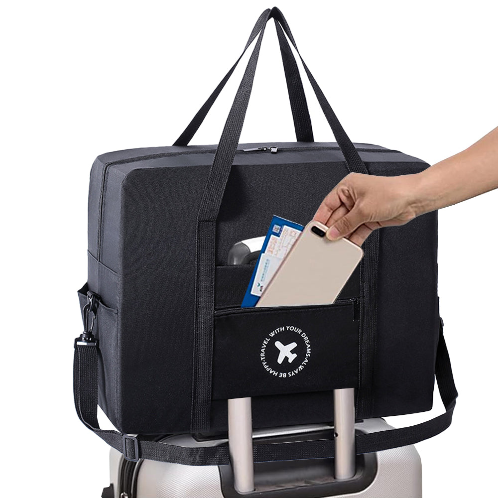 Large Capacity Travel Tote Bag Foldable Waterproof Luggage Boarding Bag - Black