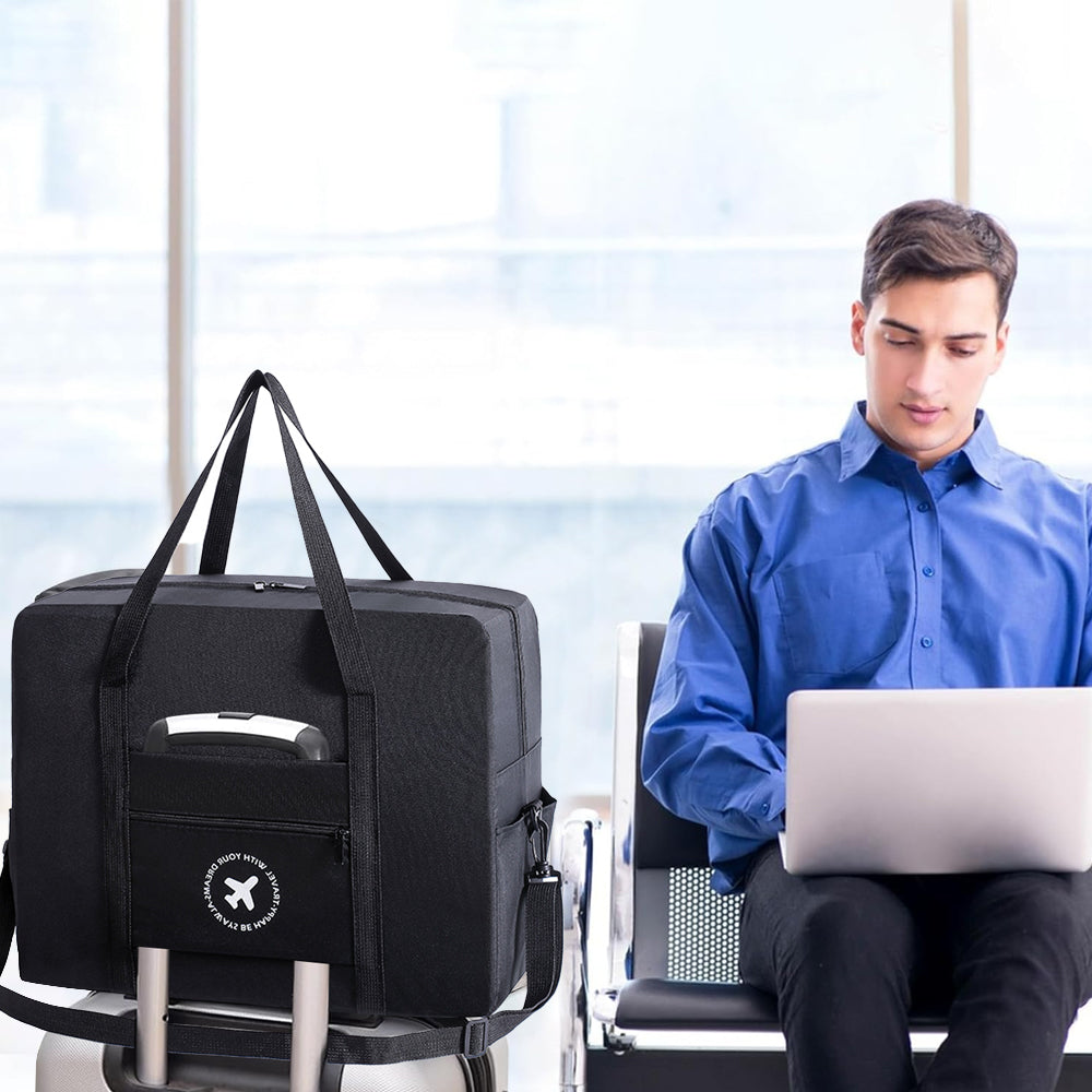 Large Capacity Travel Tote Bag Foldable Waterproof Luggage Boarding Bag - Black