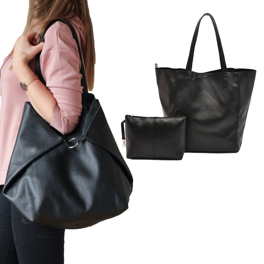 PU Leather Oversized Tote Bag Large Handbag with Internal Cosmetic Bag - Black