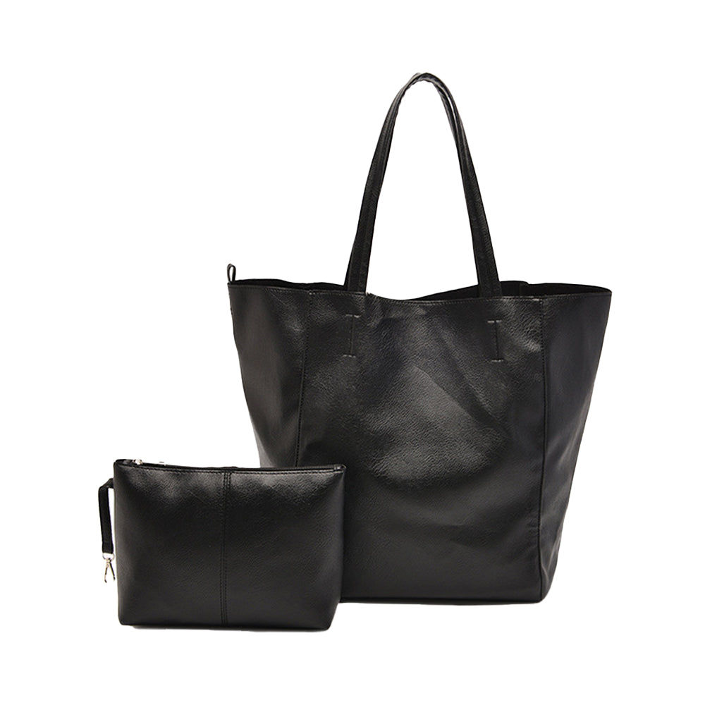 PU Leather Oversized Tote Bag Large Handbag with Internal Cosmetic Bag - Black