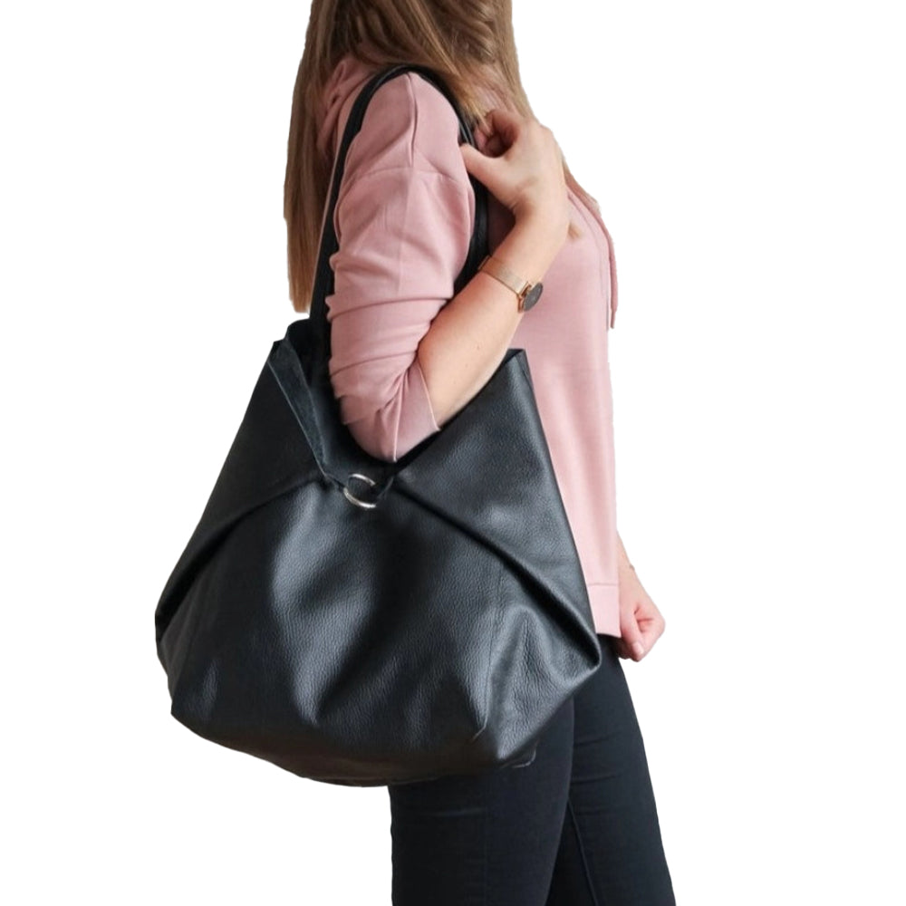 PU Leather Oversized Tote Bag Large Handbag with Internal Cosmetic Bag - Black