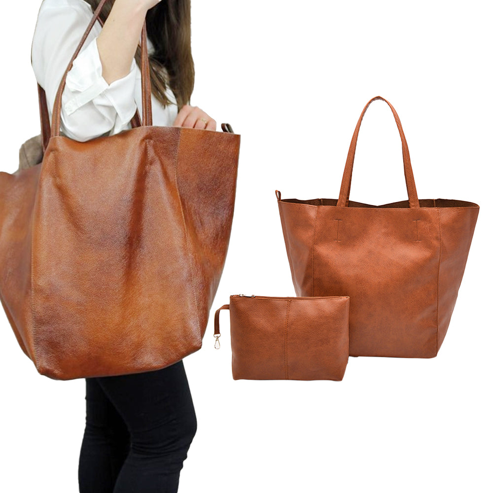 PU Leather Oversized Tote Bag Large Handbag with Internal Cosmetic Bag - Brown
