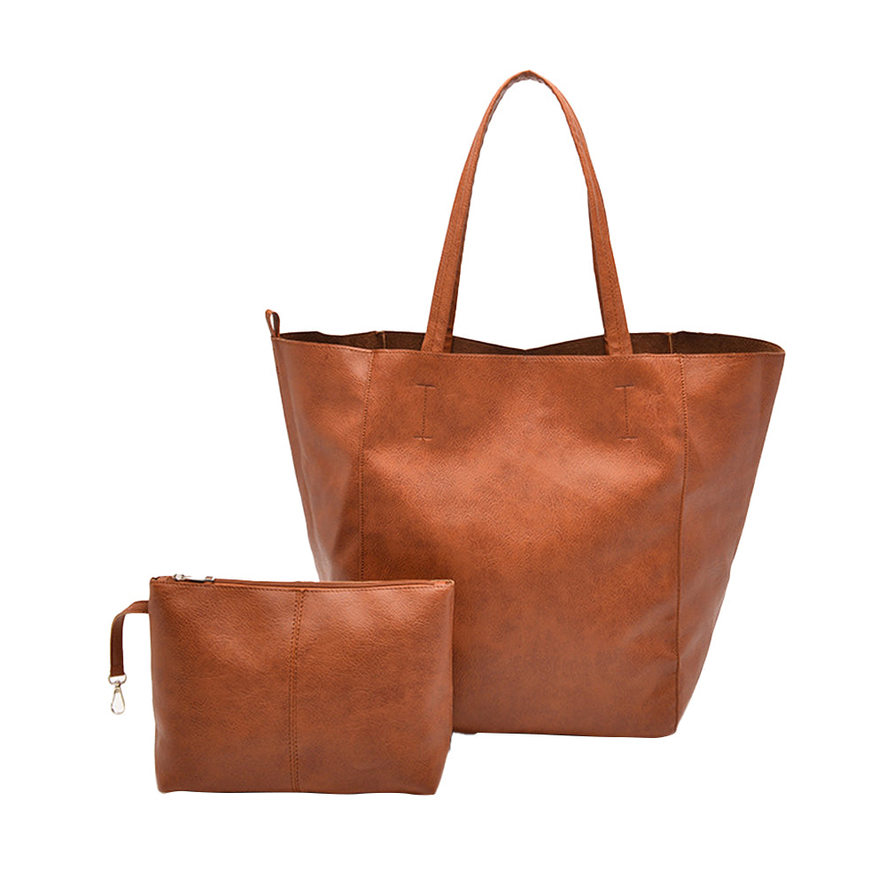 PU Leather Oversized Tote Bag Large Handbag with Internal Cosmetic Bag - Brown