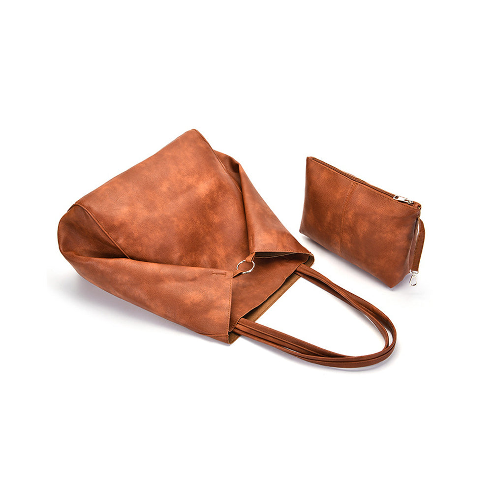 PU Leather Oversized Tote Bag Large Handbag with Internal Cosmetic Bag - Brown