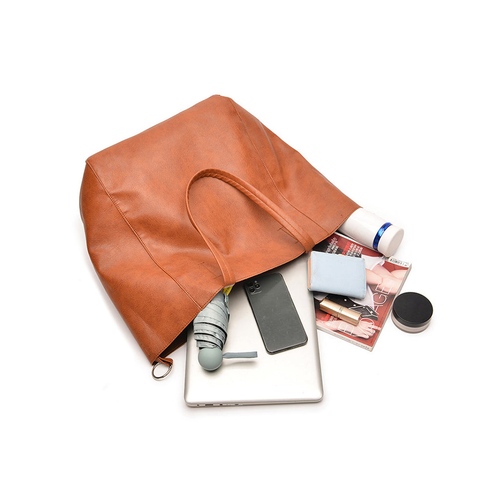 PU Leather Oversized Tote Bag Large Handbag with Internal Cosmetic Bag - Brown
