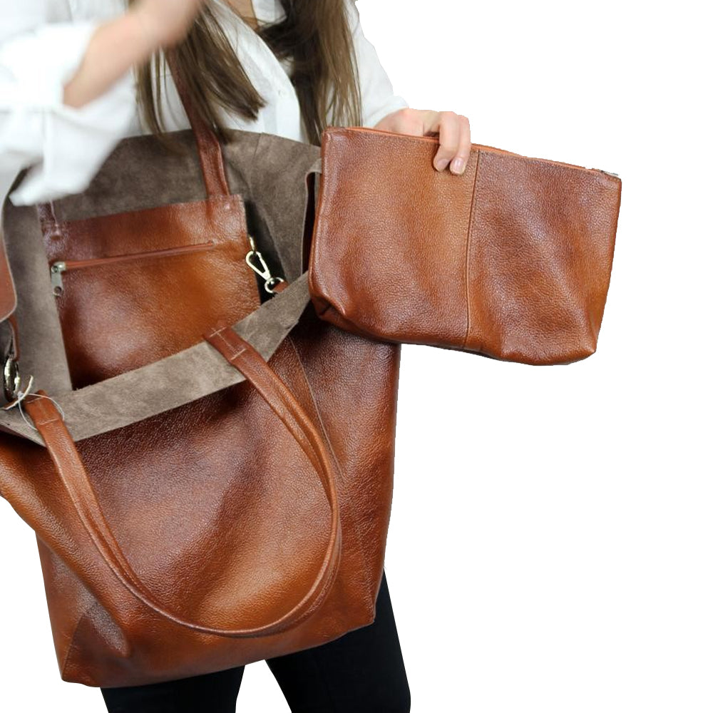 PU Leather Oversized Tote Bag Large Handbag with Internal Cosmetic Bag - Brown