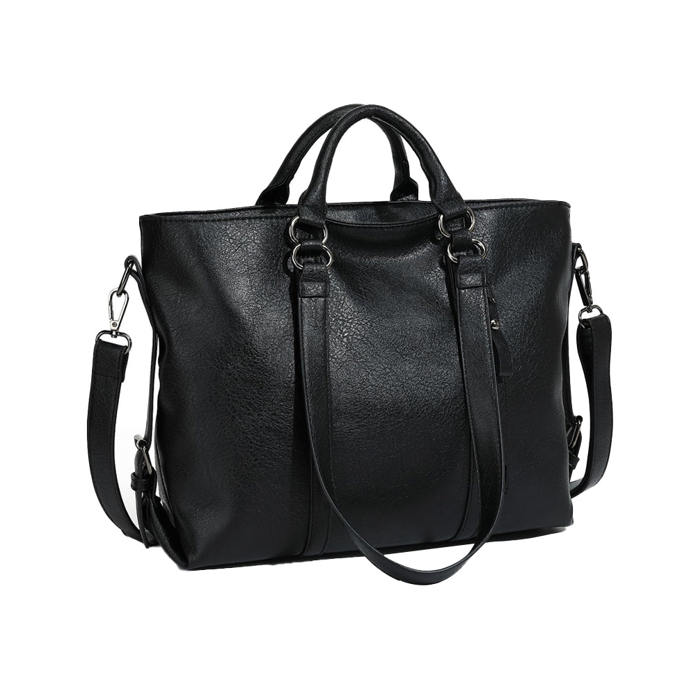 PU Leather Women's Tote Handbag Shoulder Crossbody Bag for Work and Travel-Black