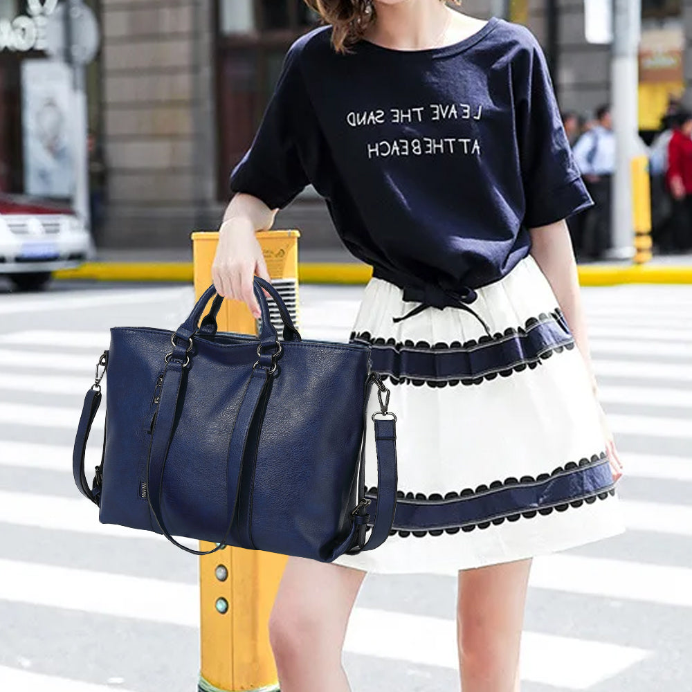 PU Leather Women's Tote Shoulder Crossbody Bag for Work and Travel - Dark Blue