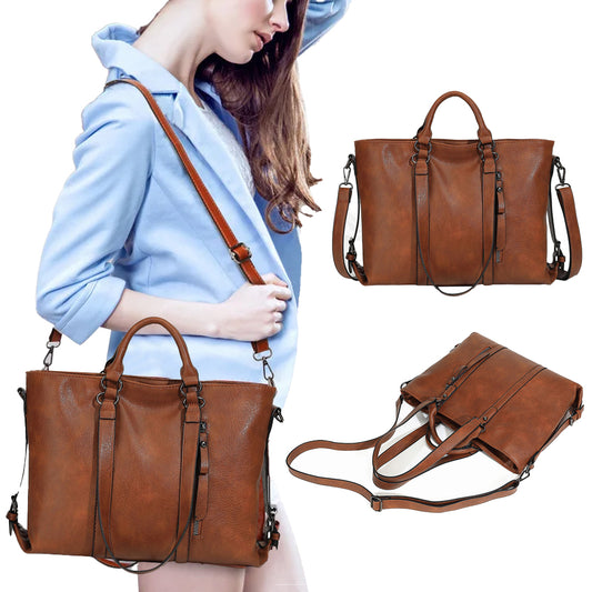 PU Leather Women's Tote Handbag Shoulder Crossbody Bag for Work and Travel-Brown