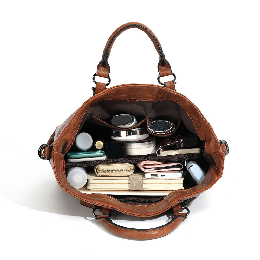 PU Leather Women's Tote Handbag Shoulder Crossbody Bag for Work and Travel-Brown