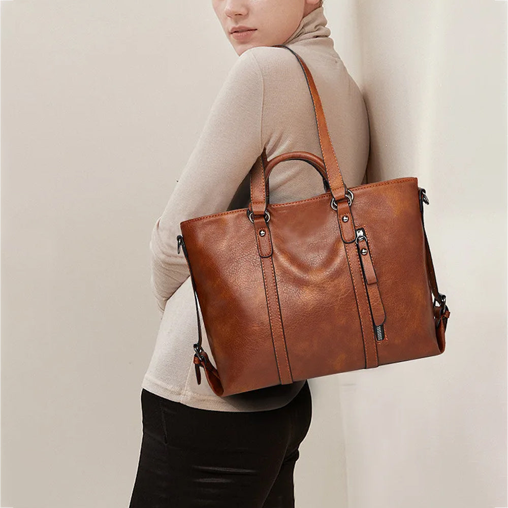 PU Leather Women's Tote Handbag Shoulder Crossbody Bag for Work and Travel-Brown