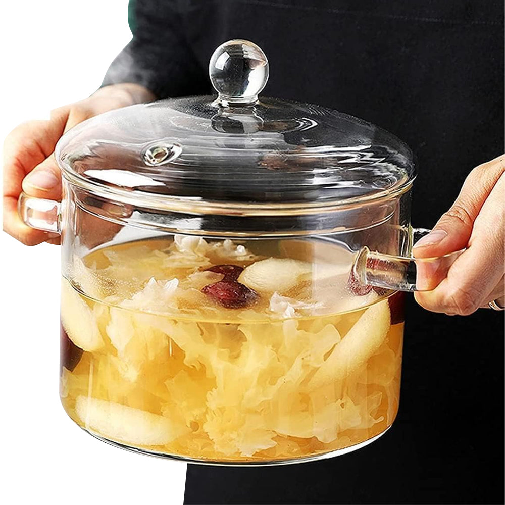1900ml Glass Cooking Pot Double-Handle Heat-Resistant Glass Stovetop with Lid