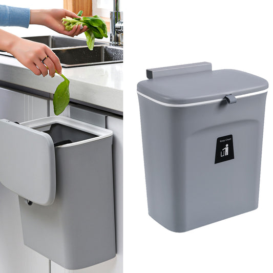 9L Kitchen Trash Can Wall-Mounted with Sliding Lid Seamless Sticker - Grey