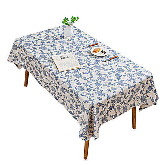 135x180cm Retro Blue Rose Floral Cotton Linen Fabric Tablecloth