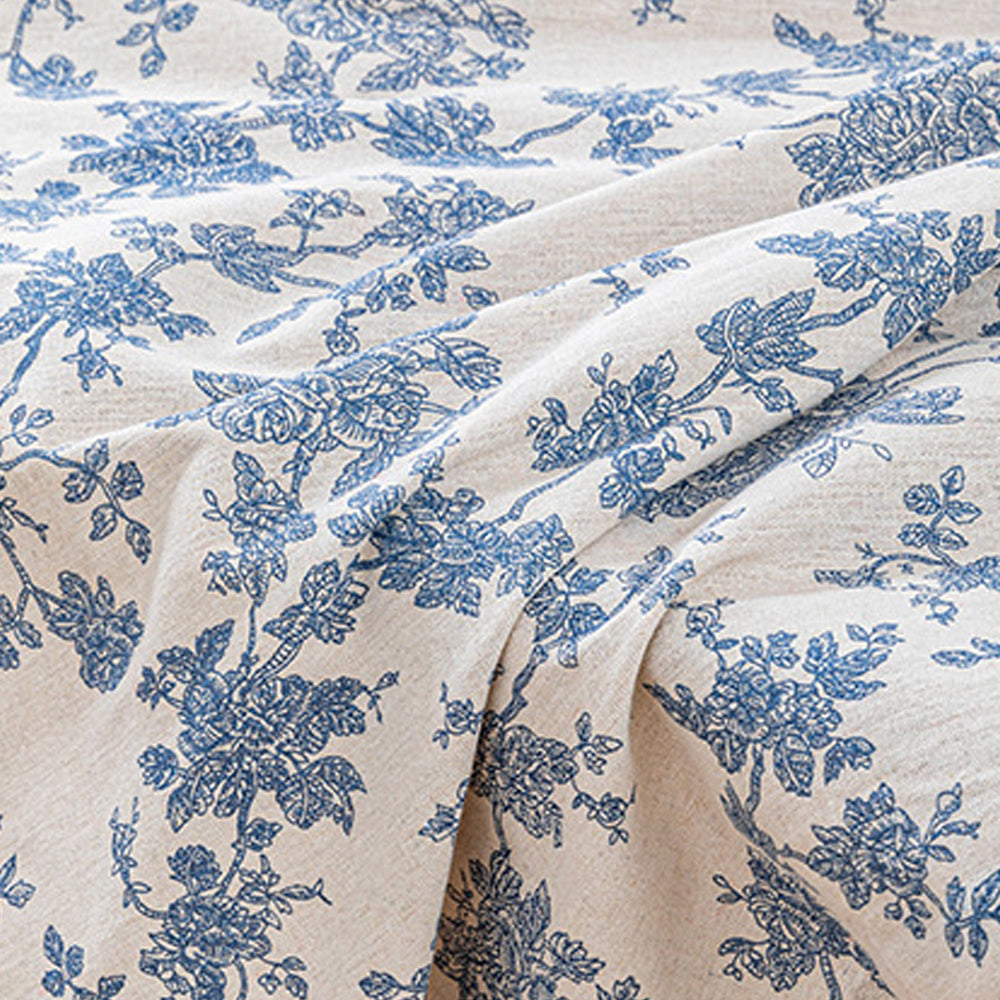 135x180cm Retro Blue Rose Floral Cotton Linen Fabric Tablecloth