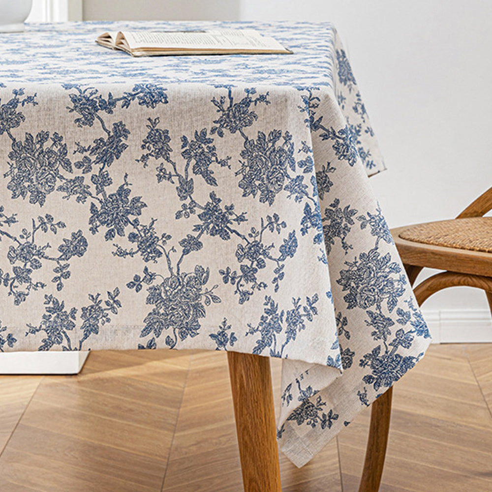 135x180cm Retro Blue Rose Floral Cotton Linen Fabric Tablecloth