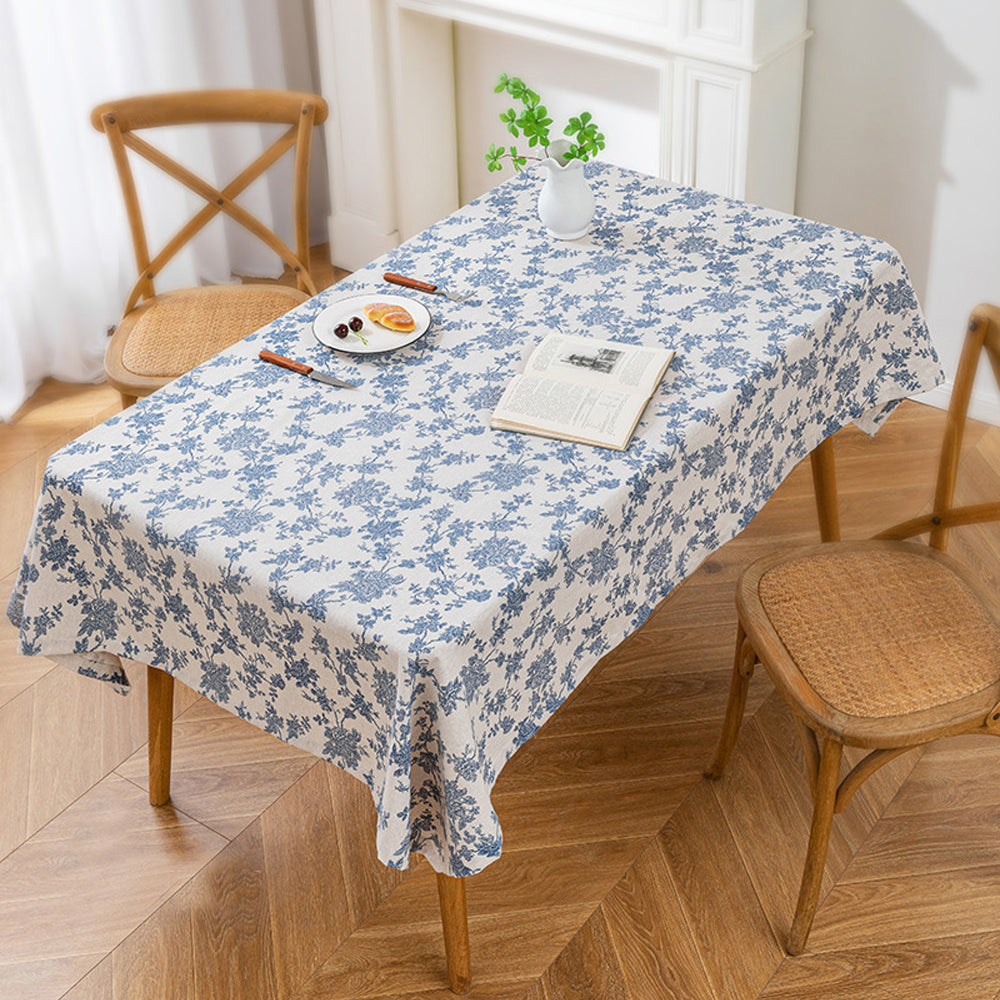 135x180cm Retro Blue Rose Floral Cotton Linen Fabric Tablecloth