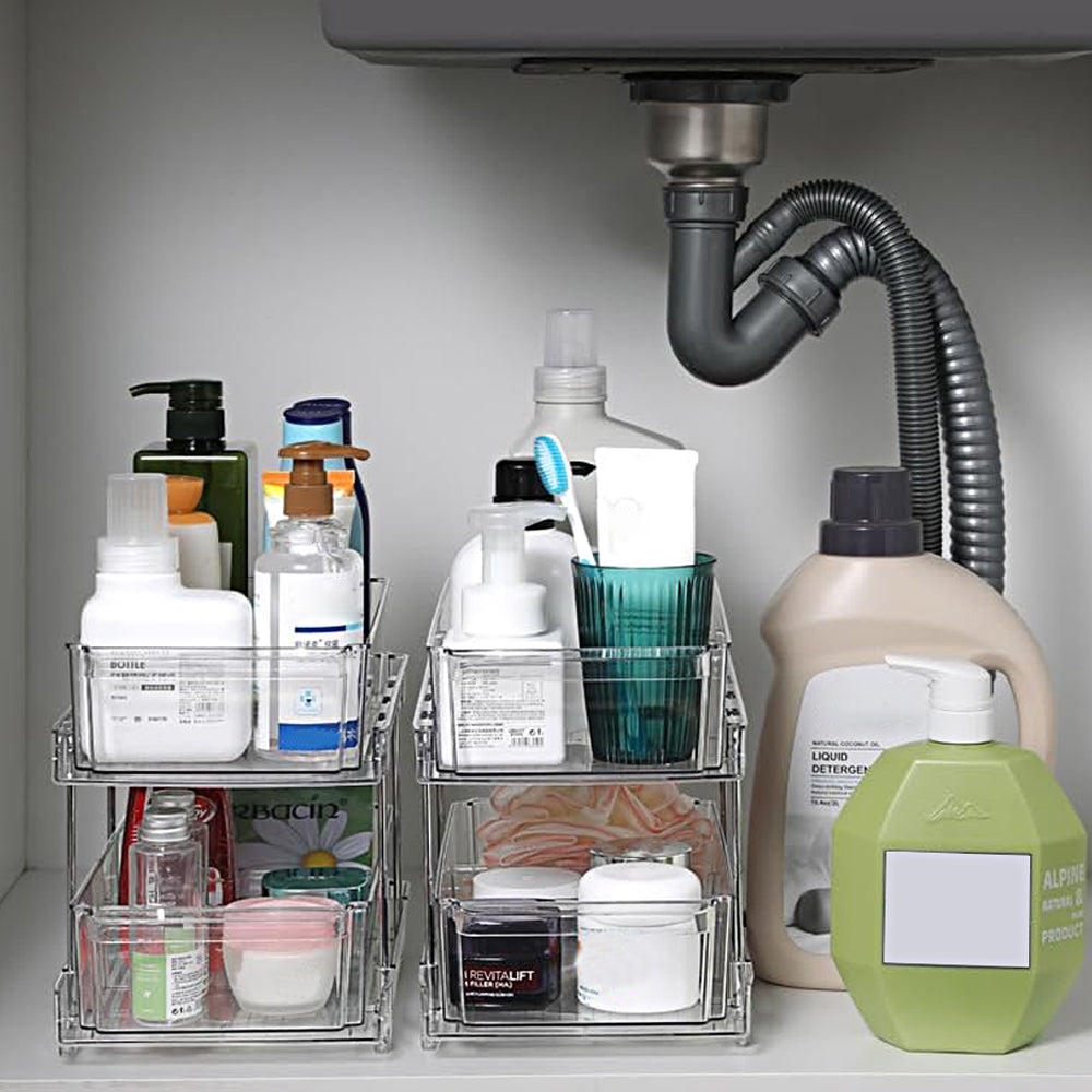 2 Tier Bathroom Storage Organizer with 4 Dividers Makeup Desktop Storage Rack