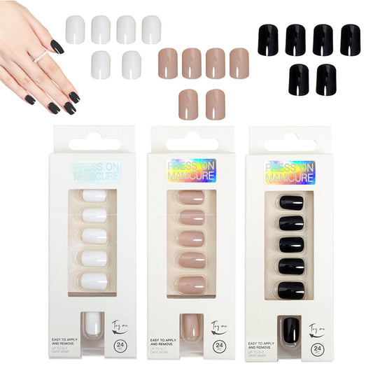 72Pcs Reusable Solid Color Fake Nails Press On Manicure - Black+Khaki+White