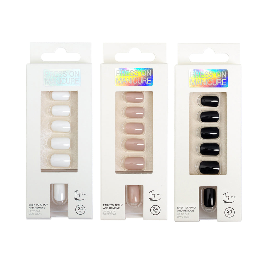 72Pcs Reusable Solid Color Fake Nails Press On Manicure - Black+Khaki+White