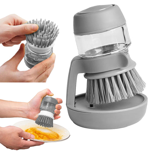Dish Scrub Brush with Soap Dispenser Washing Brush Pressing Cleaner - Grey