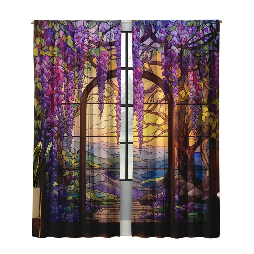 2Pcs 210x230cm Stained Glass Flower Wisteria Printed Curtain for Home Decor