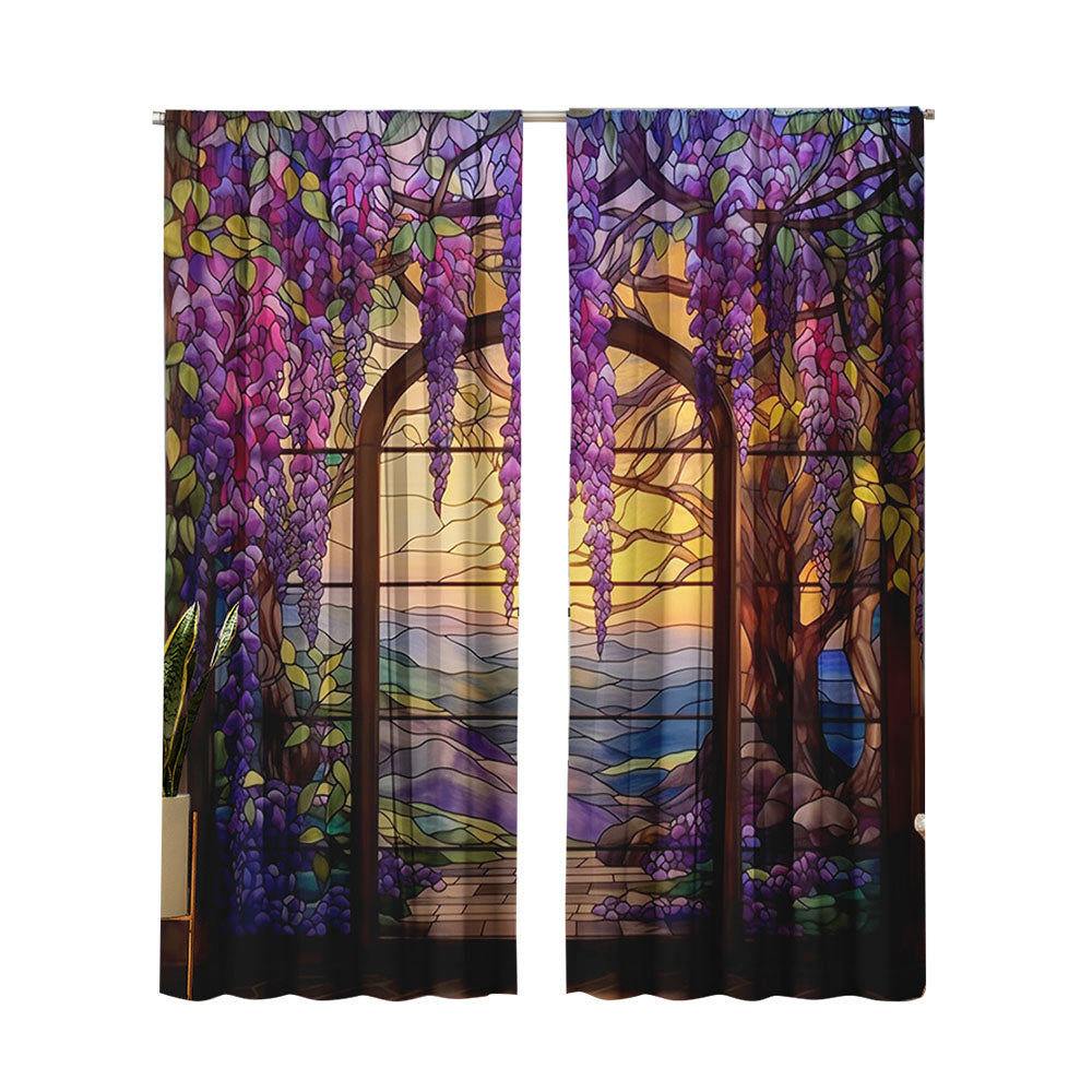 2Pcs 210x230cm Stained Glass Flower Wisteria Printed Curtain for Home Decor