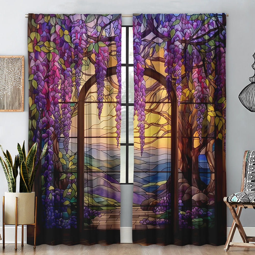 2Pcs 210x230cm Stained Glass Flower Wisteria Printed Curtain for Home Decor