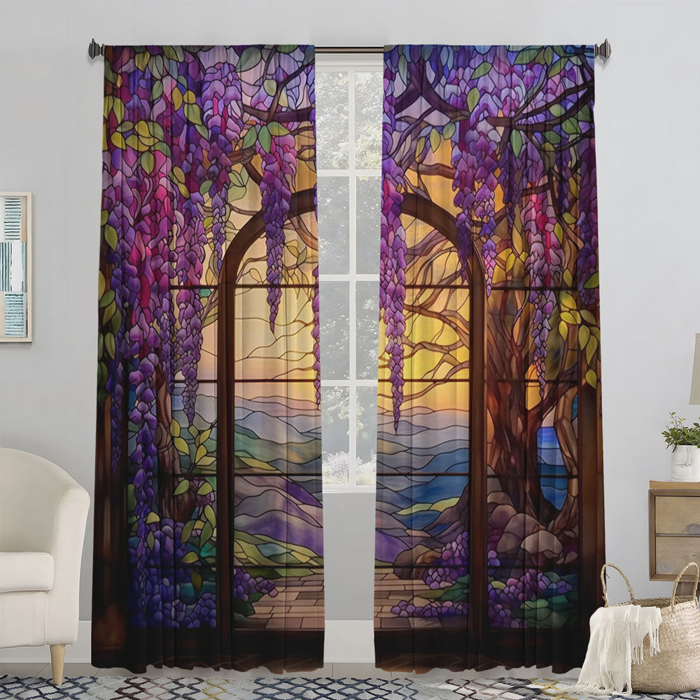 2Pcs 210x230cm Stained Glass Flower Wisteria Printed Curtain for Home Decor