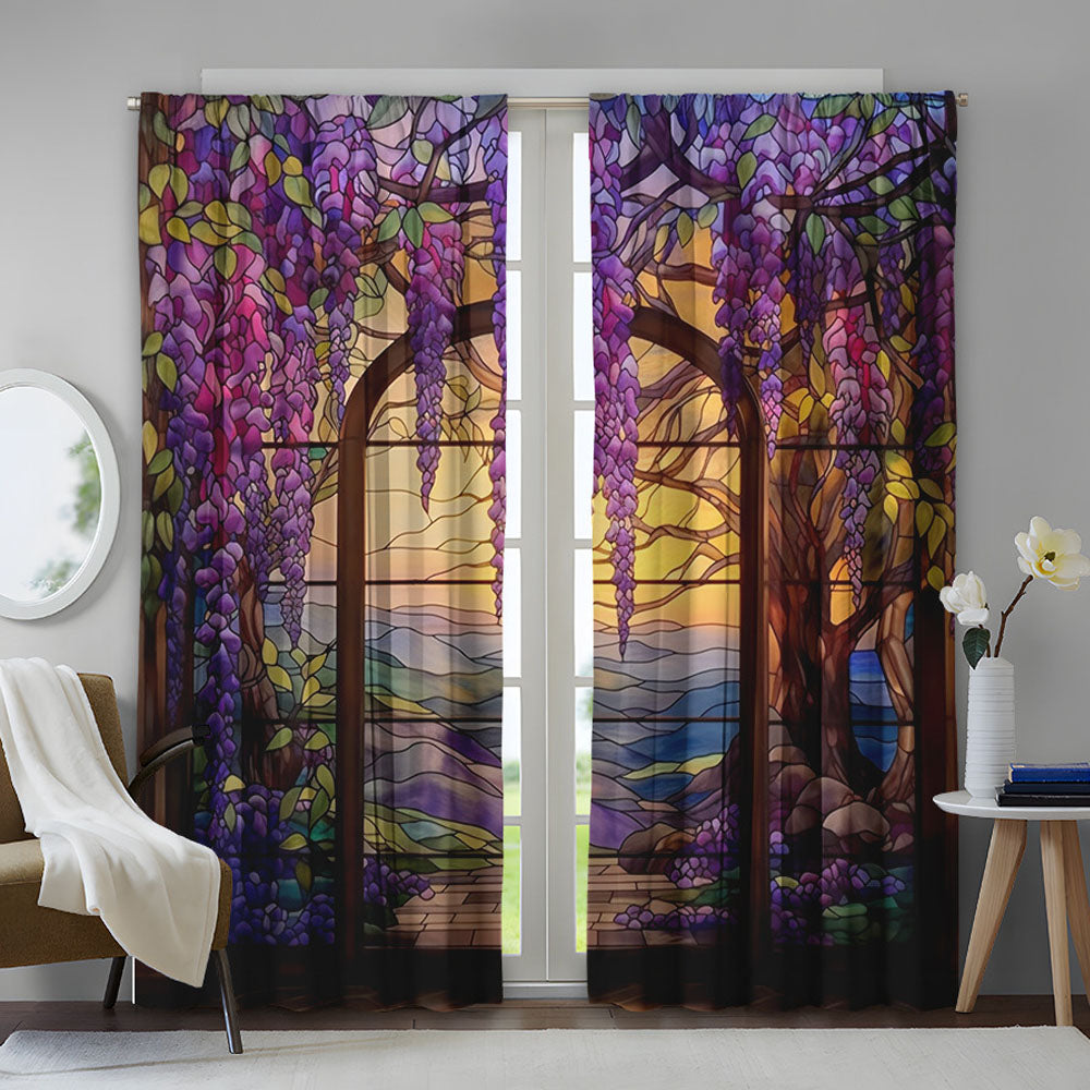 2Pcs 210x230cm Stained Glass Flower Wisteria Printed Curtain for Home Decor