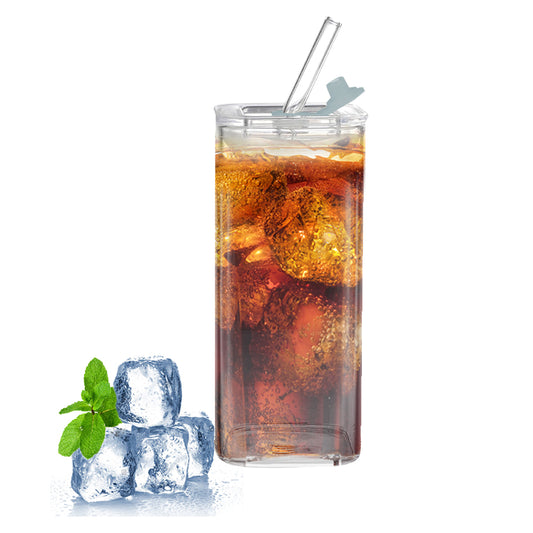 400ML Clear Glass Cup with Lid and Straw Square Glass Water Glass
