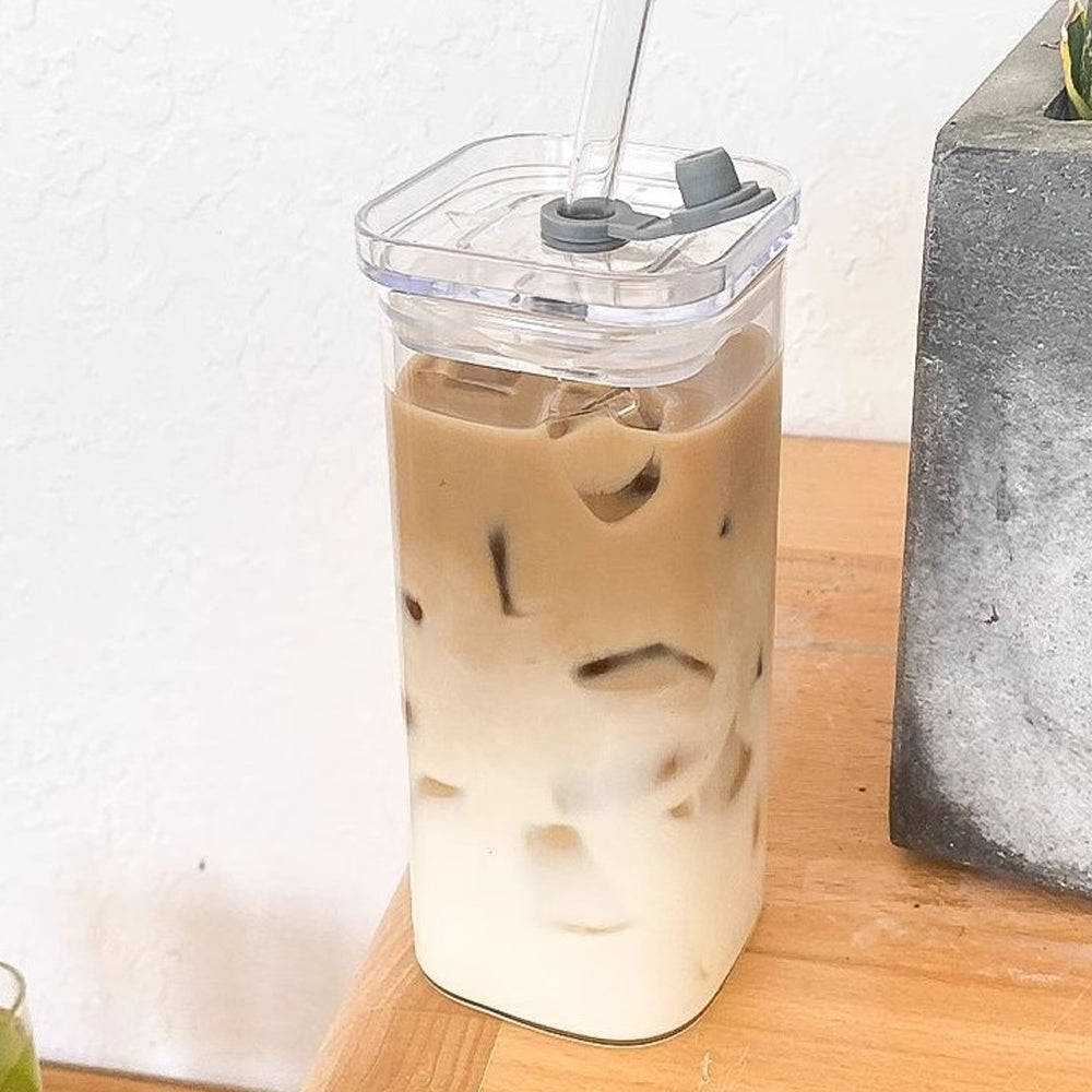 400ML Clear Glass Cup with Lid and Straw Square Glass Water Glass