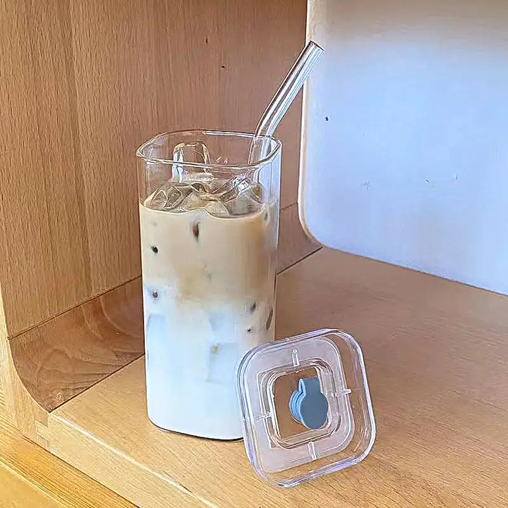 400ML Clear Glass Cup with Lid and Straw Square Glass Water Glass