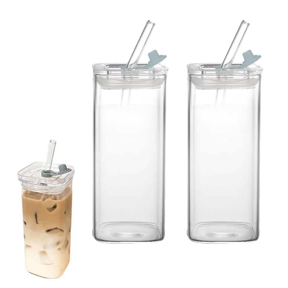 2Pcs 400ML Clear Glass Cup with Lid and Straw Square Glass Water Glass