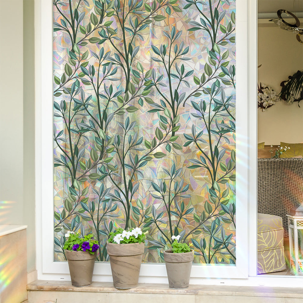 Static Cling Vintage Green Leaves Branches Pattern Cutting Sun Window Sticker