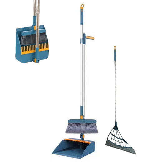 Broom with Foldable Standing Dustpan and Scraper Broom for Cleaning Blue